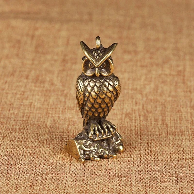 Antique Solid Brass Standing Owl Miniature Figurines Retro Copper Animal Tea Pet Desktop Ornament Decor Crafts Keychain Pendants