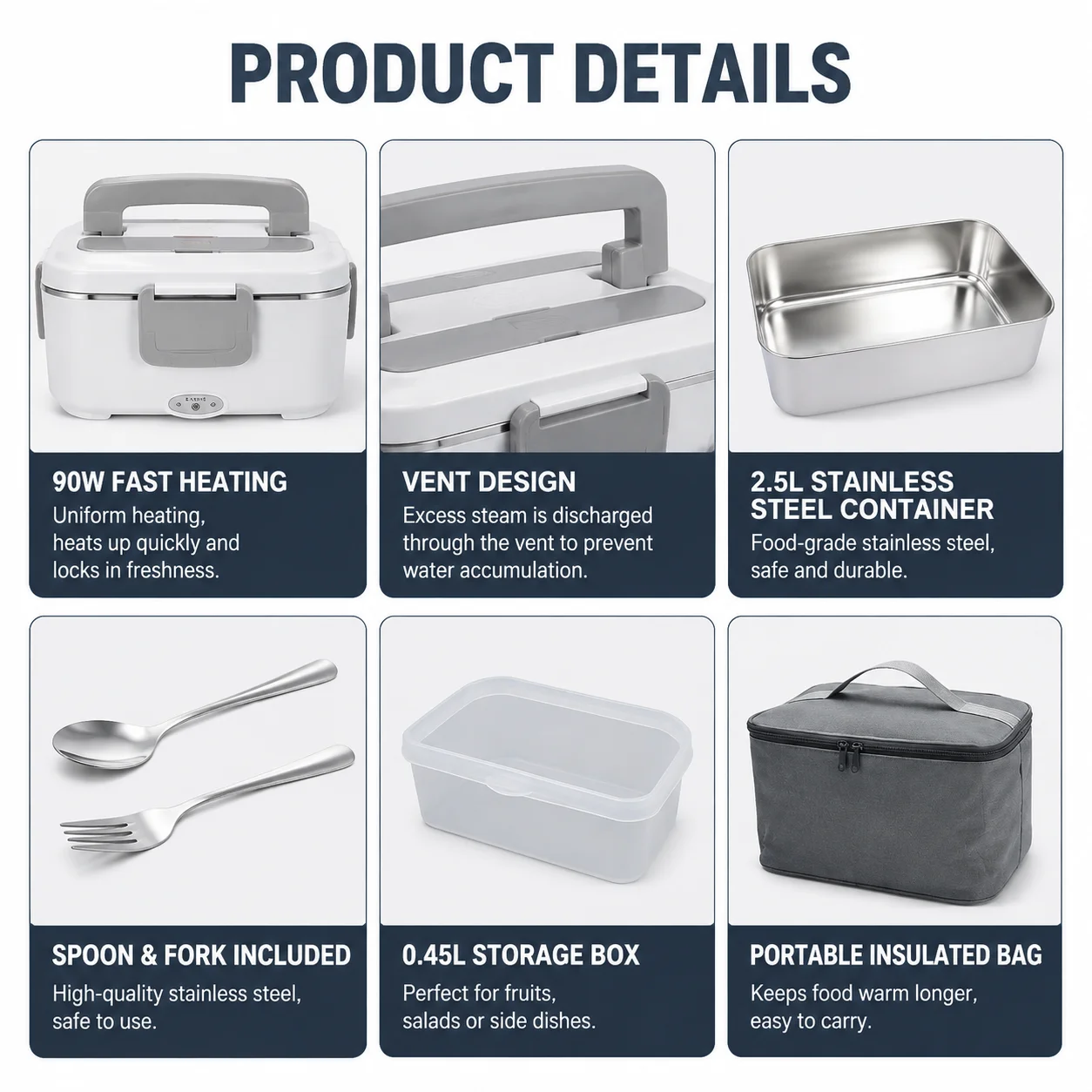 2,5L Elektrische Lunchbox, 90W Schnellheizende Essenswärmer, 304 Edelstahl-Behälter, Tragbare Beheizte Bento-Box, EU-Standard 220V & 12V/24V für Auto, LKW, Zuhause, Büro, Reisen, mit Edelstahl-Gabel, Löffel & Isoliertasche – Detail 2