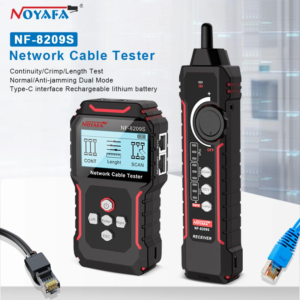 NOYAFA-rastreador de Cable de red NF-8209S, probador de medida Lan, herramientas de red, pantalla LCD, medida de longitud, probador de mapa de cables