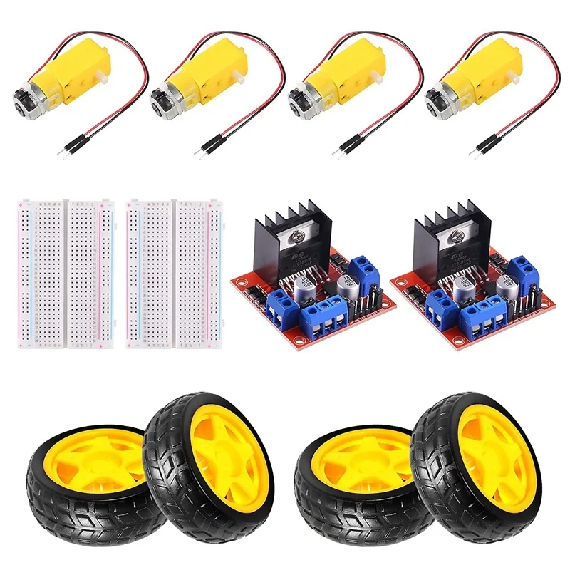 L298N Stepper Motor Control Module Dual H-Bridge with 4pcs DC Motor, Mini Φ67mm Smart Car Tire Wheel and Breadboard for Arduino