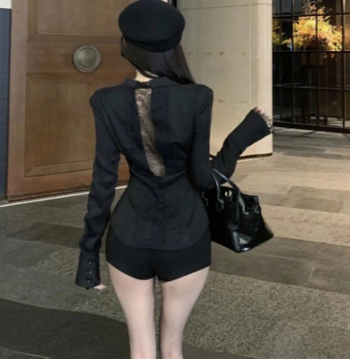 バックレスレース若々しいファッション黒長袖シャツ女性 V ネックパッチワークエレガントなベーシックブラウスレディオフィスカジュアル