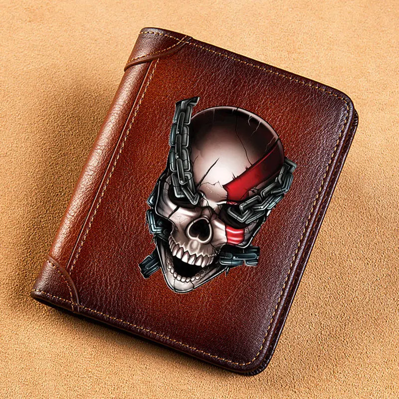 

Cool Steampunk Shackles Skull Cover Genuine Leather Men Wallets Short Card Holder Purse Trifold Men's Wallet