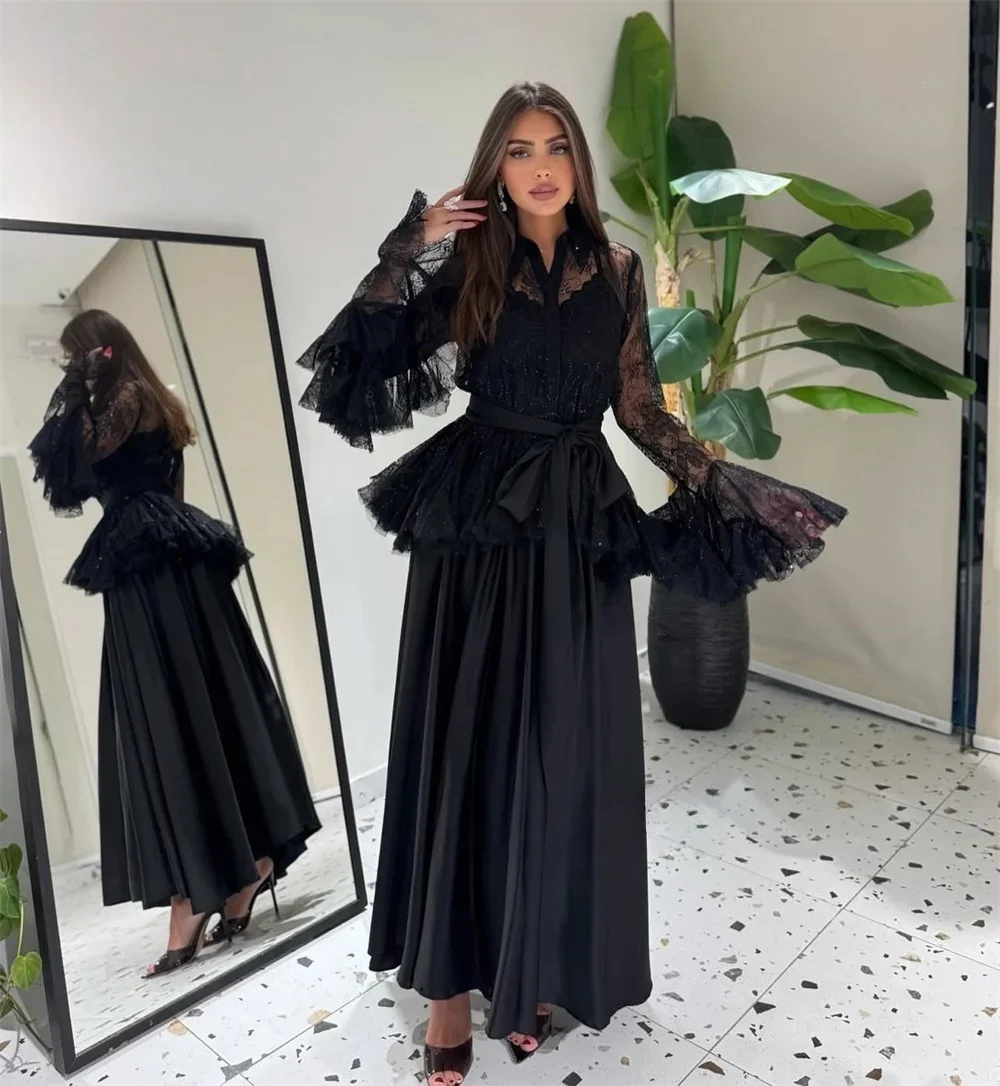 

Черное кружевное вечернее платье с длинными рукавами на заказ, унисекс, из джерси, в стиле ретро, для выпускного вечера, Дубай, Саудовская Аравия, индивидуальный пошив