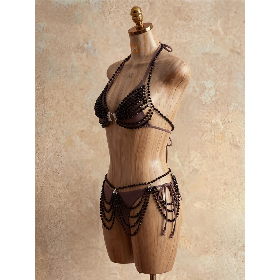 Perlen-Überwurf-Bikini, Damen-Badeanzug, Damen-Bademode, vierteiliges Bikini-Set, hoch geschnittene Beine, Badeanzug, Badebekleidung, V8222 – Detail 5