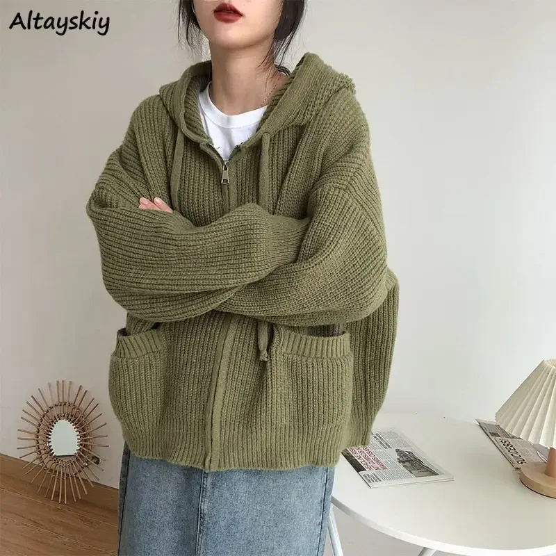 

Hooded Cardigan Women Pockets All-match Special Unisex Vintage Autumn Warm Simple Daily Pure Leisure Korean Style Temperament