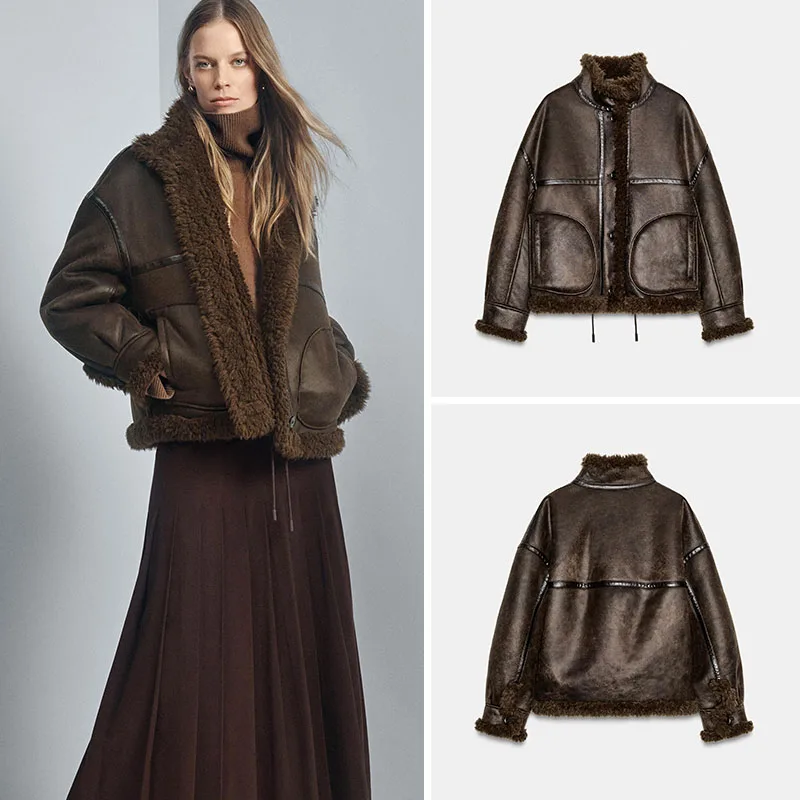 

New Winter Women's Casual Biker Double-Sided Pilot Jacket Outerwear Standard Fit Long Sleeve Regular Length Other Material