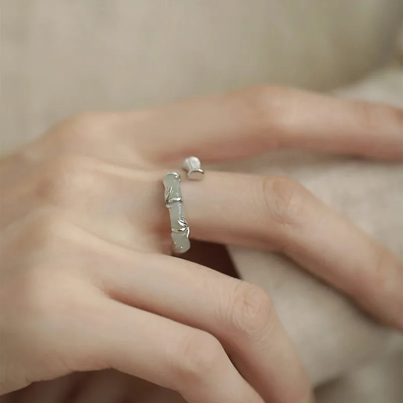 925 Sterling Silve Bamboo Geometry Zircon Ring for Women Girl Gift Hotan Jade Design Jewelry Dropshipping view 5