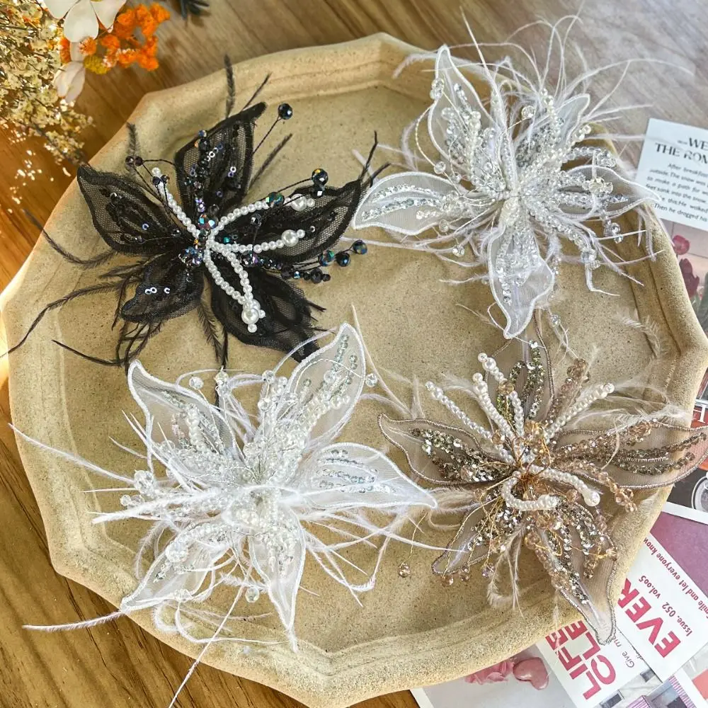 Feather Pearl 3D Organza Flower Patch Crystal Flower Twisted Wire Studded Patch Handmade Lace Embroidery Patch Corsage Accessory