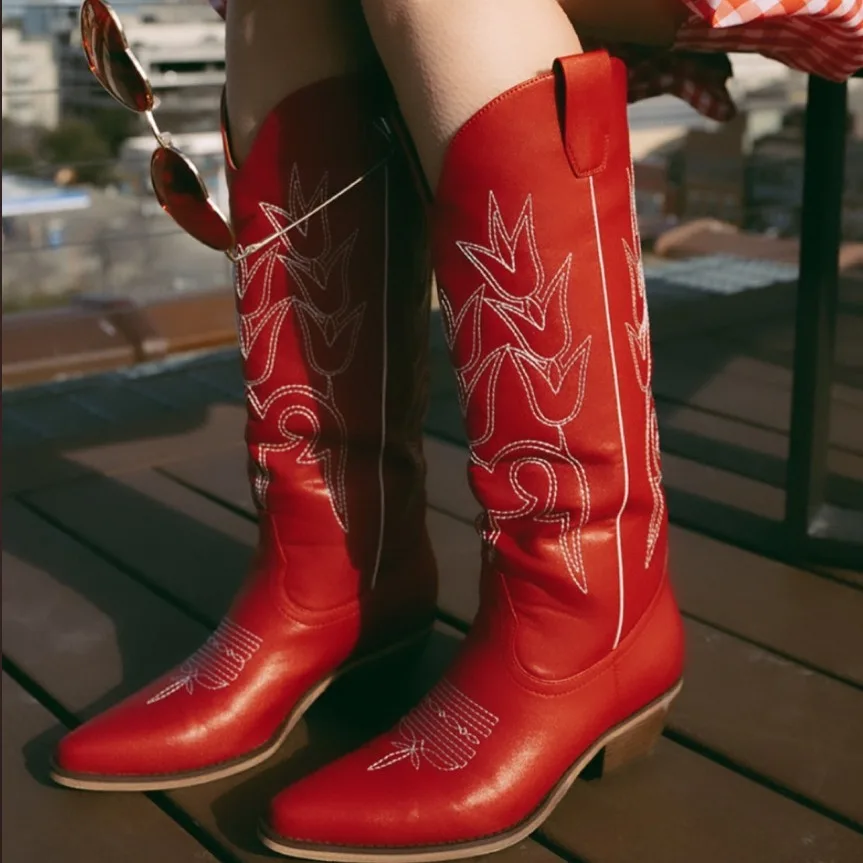 Red Embroidered Western Boots Pointed Thick Heel Medium Women Cowgirl Boots Slip On Women\'s Boots Shoes