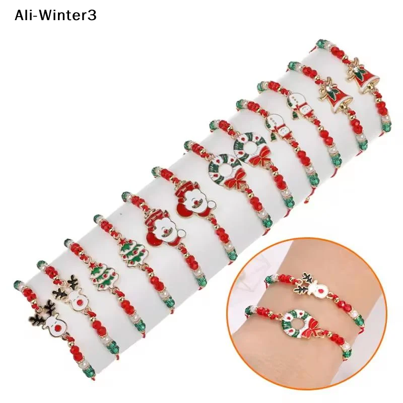 【Y】6/12PCS Christmas Rope Santa Claus Elk Bell Crystal Beaded Bracelet For Women Children Girl Christmas Party Favor Xmas Gift