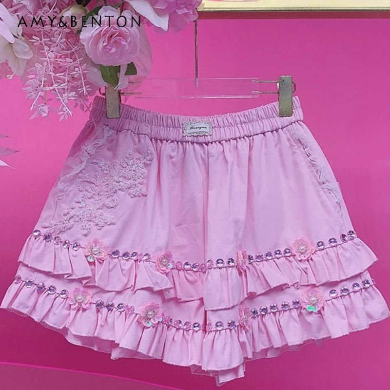 

European American Design Nail Bit Diamond Embroidered Women's Pants Pink Three-dimensional Flower Wide-leg Casual Shorts Ladies