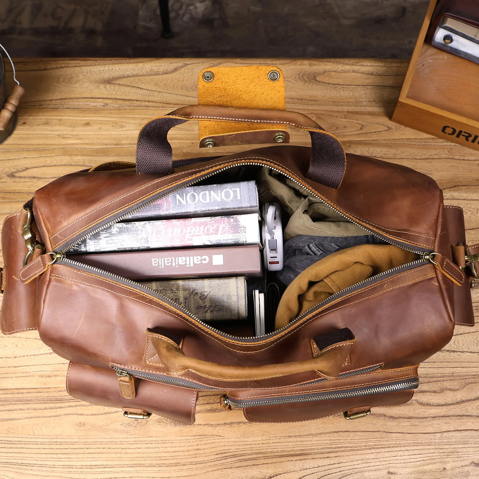 S.WORKER Vintage Vollnarbiges Rindsleder Reisetasche Große Kapazität Handgepäck Echtleder Weekender-Tasche – Detail 30