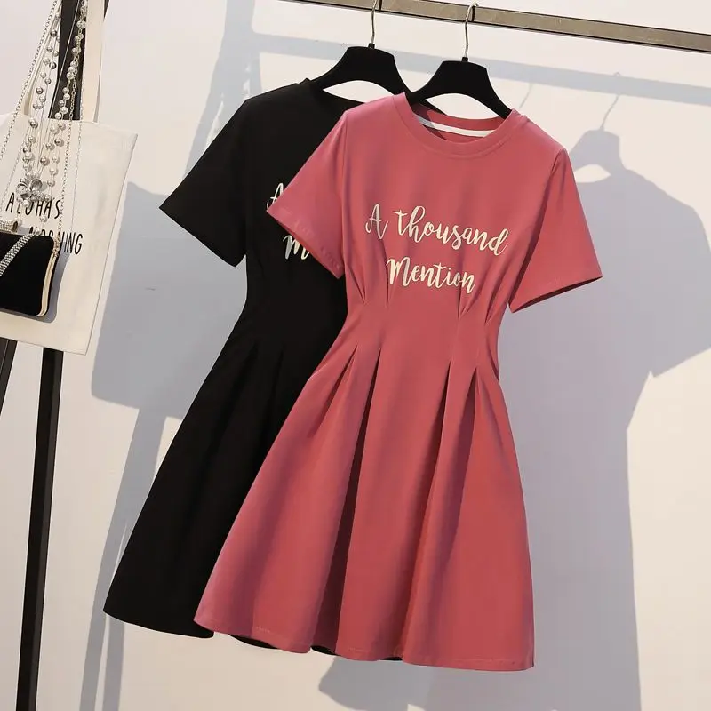 

Fashion Pleated Midi Dress Summer New Short Sleeve O-neck Solid Color Printing Letter Casual Dresses Trend Korean Women Clothing