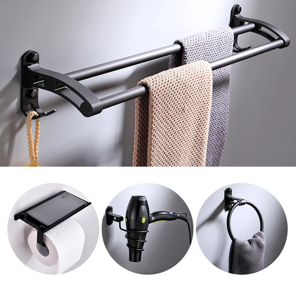 

Black Space Aluminum Bathroom Storage Rack (9-Piece) | Wall Mount Towel Bar/Soap Holder 9-Piece Bathroom Storage Set
