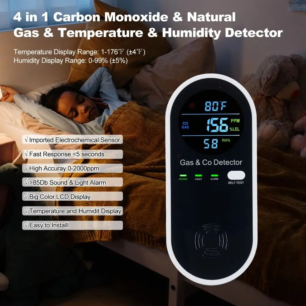 4 in 1 LED Display Gas Detector Safety Alarm Multi-functional CO Sensor Plug In Air Quality Meters Kitchen
