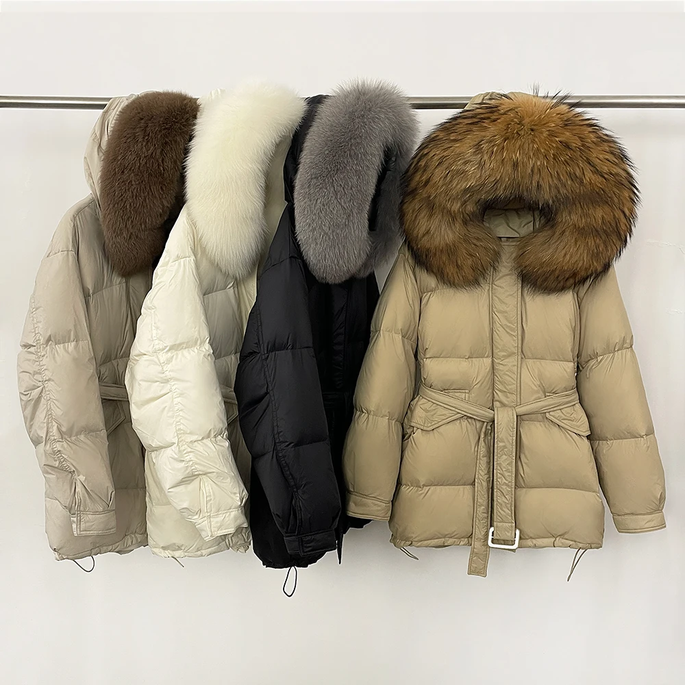 Femme automne hiver femmes doudoune à capuche vraie fourrure de renard blanc duvet de canard manteau chaud fourrure naturelle moelleux doudoune épaisse