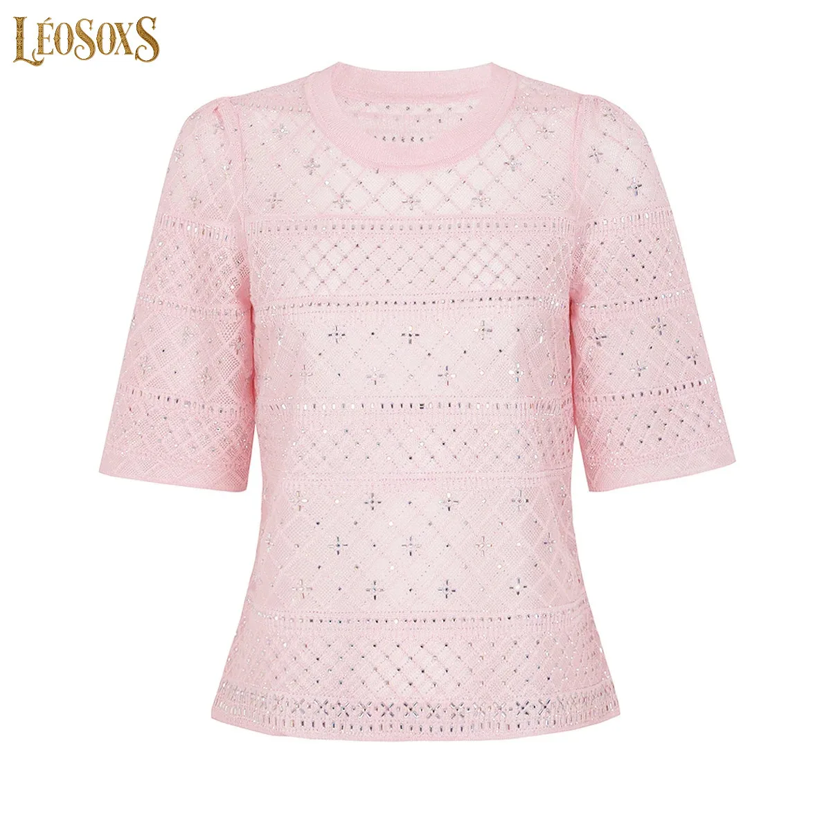 LEOSOXS26251 HighQuality Summer Women Coord Set Knitted Rhinestone Hollow Short Sleeve Top Stylish Skirt Commuter Daily Casual S