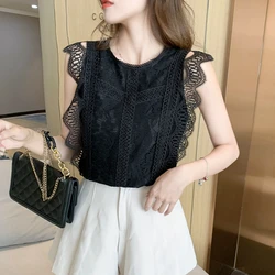 Summer Sleeveless O-Neck White Women Blouse Hollow Out Lace Blouse Shirt Women Tops Blusas Mujer De Moda 2024 Verano Blusa J14