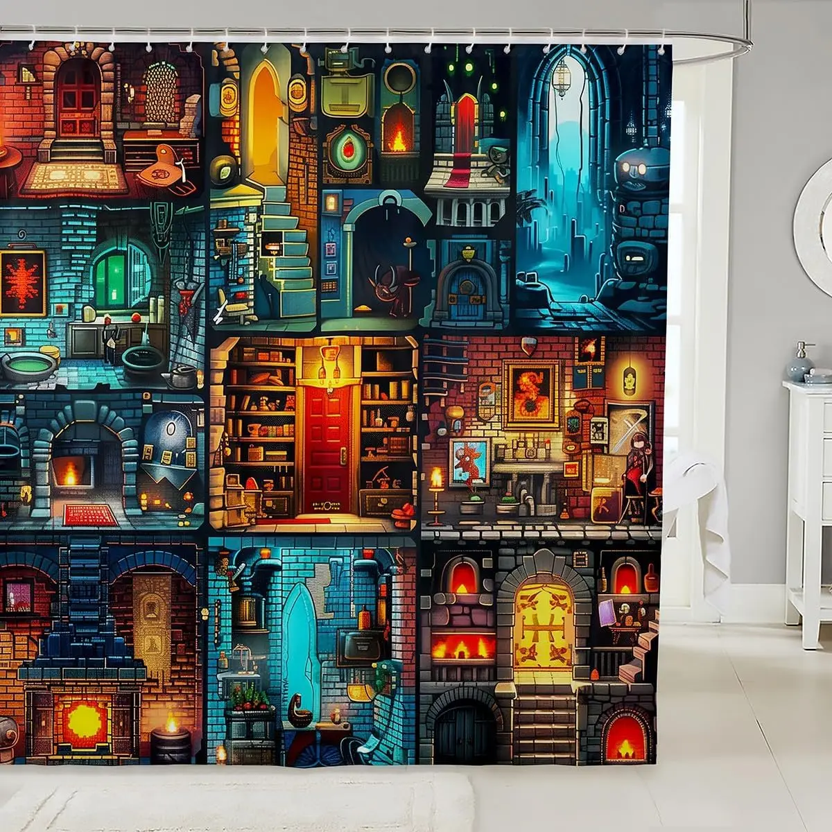 Sandbox Gamer Shower Curtain, Pixel Miner Block Print Waterproof Quick Dry Bathroom Curtain for Boys Teens with Hooks