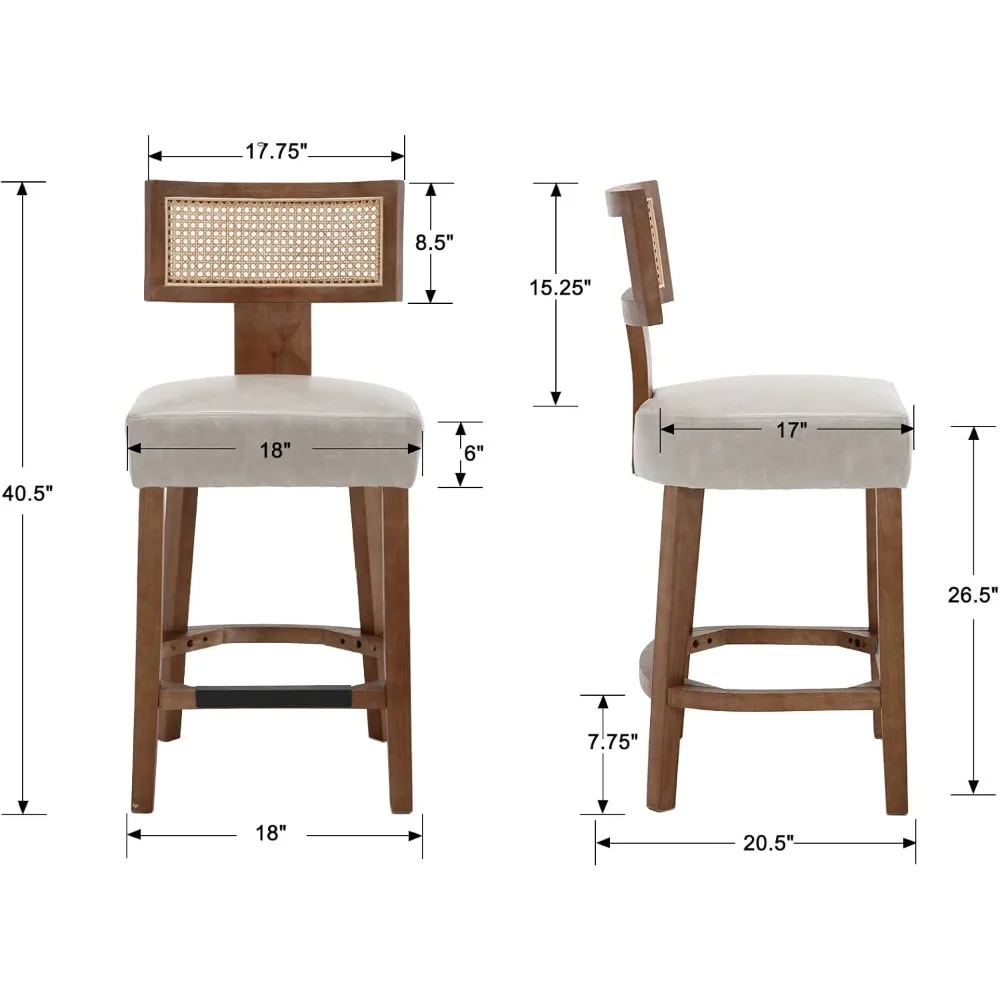 26”Rattan Bar Stools Set of 2 Counter Height Bar Stools Kitchen Counter Stools with Natural Rattan Woven Back,Leather Upholstere