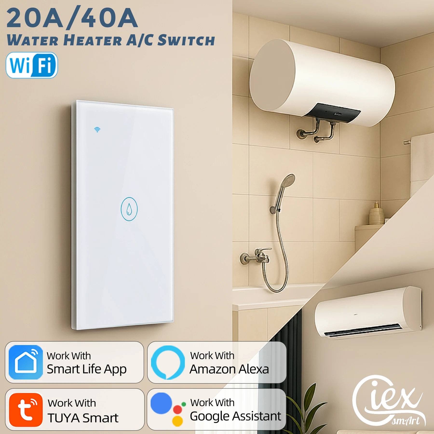 WiFi Smart 20A /40A 120*72mm Switch Water Heater & air conditioning Smart Life Tuya APP Amazon Alexa Echo Google Home Voice