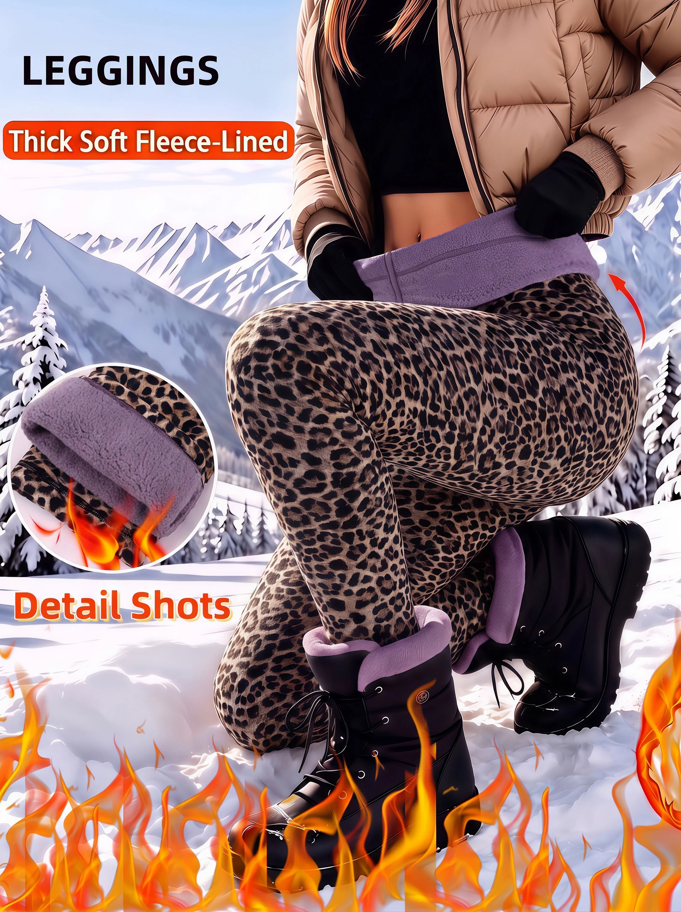 Women Leopard Print High Waist Fleece Lined Leggings Thick Plush Cold Resistant Thermal Pants for Skiing Outdoor Winter Daily
