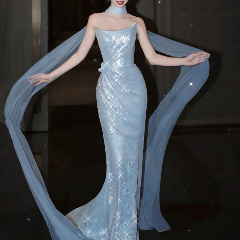 Exquisite Glitter Blue Strapless Formal Evening Dresses Mermaid Prom Dresses Customized robes de soirée