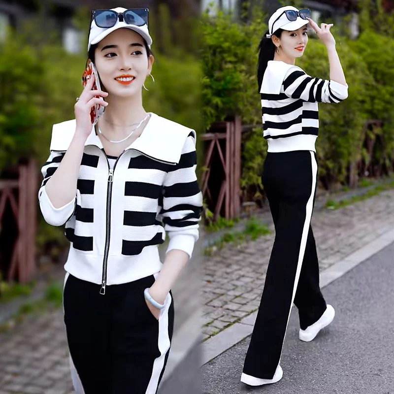 

Spring Autumn Casual Slimming Stripe Cardigan Short Coat Long Pants Set Fashionable Leisure Sportswear for Women