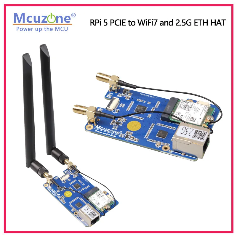 MPW2.5G Raspberry Pi 5 PCIE to WiFi7 and 2.5G ETH HAT,M.2 E key interface, support WiFi7, WiFi6, WiFi5