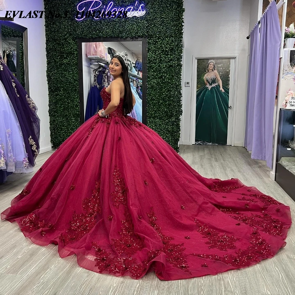 EVLAST Customized Mexican Burgundy Quinceanera Dress Ball Gown Lace Applique Beading Corset Sweet 16 Vestido De 15 Anos E3Q409