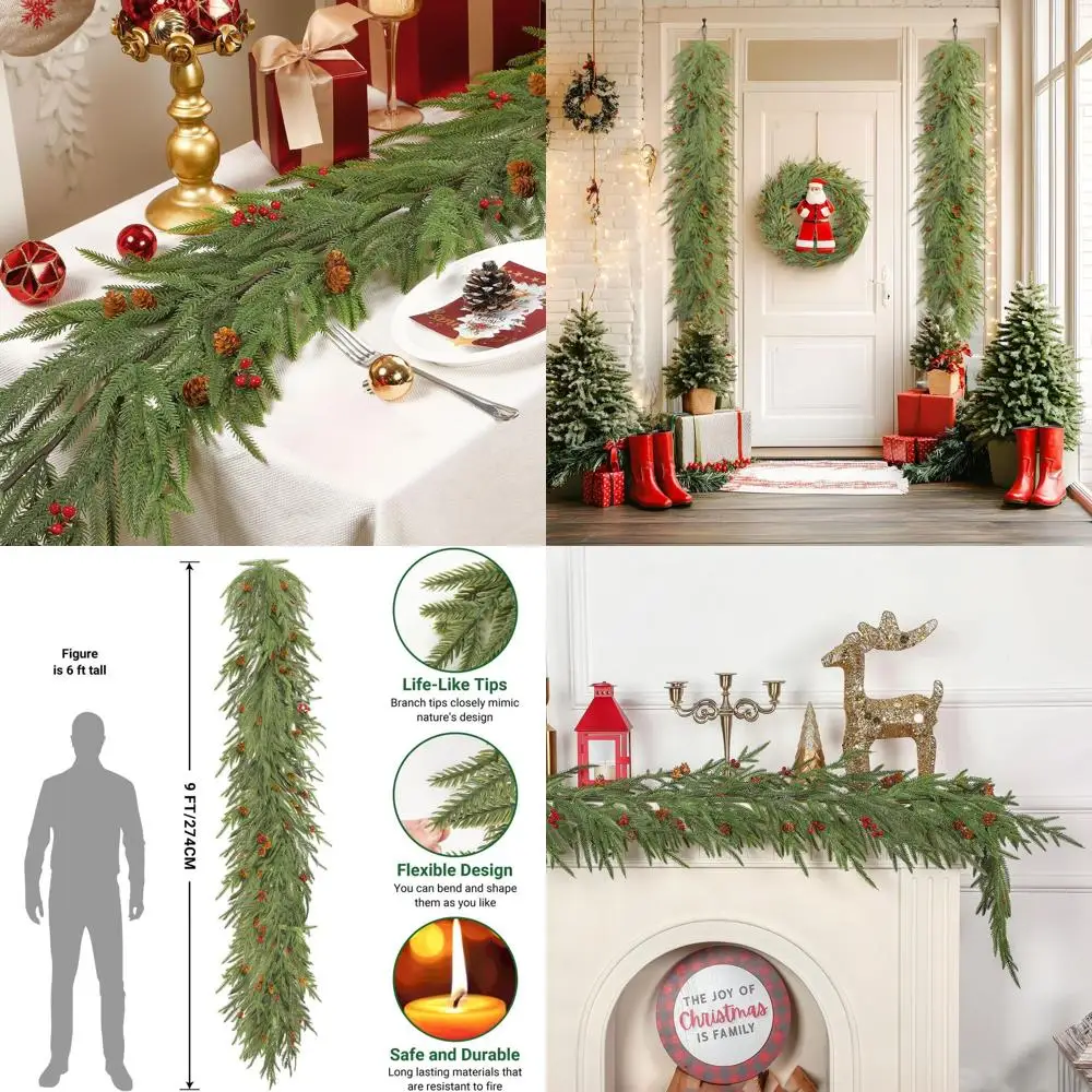 

Искусственная рождественская гирлянда с реалистичной сосной Norfolk, сосновыми шишками и красными ягодами для внутреннего и наружного украшения