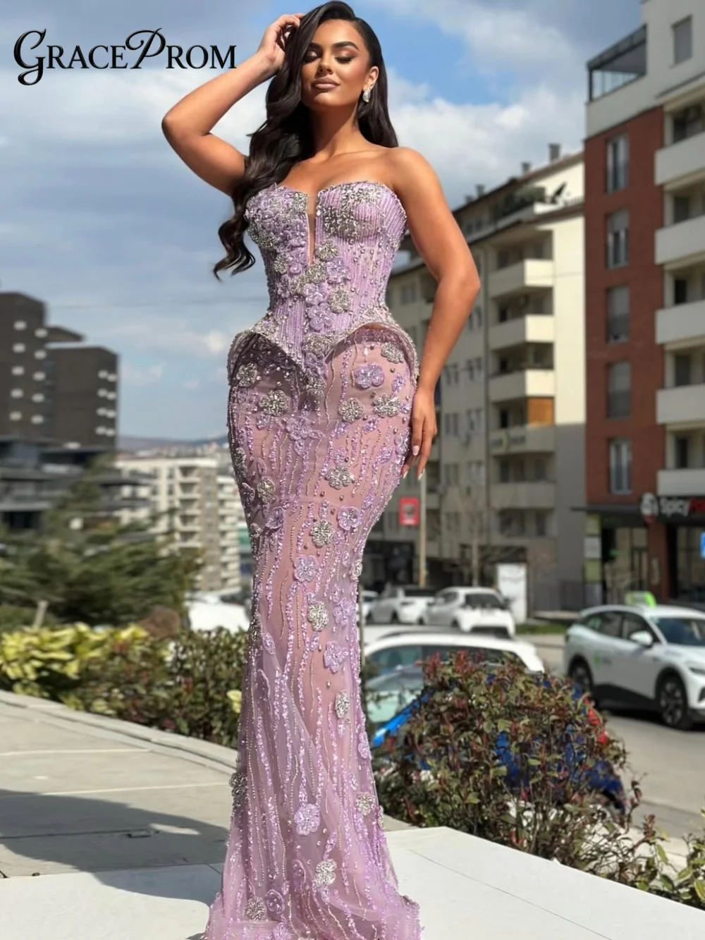 

Dreamy Lavender Sheer Mesh Strapless Party Dress 3D Floral Crystal Beaded Corset Evening Gown For Wedding Guests فساتين سهرة
