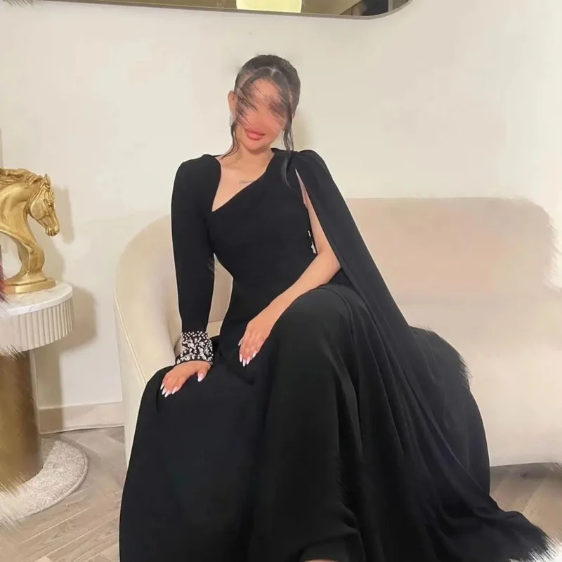 Indie Elegant Black A Line Prom Dress Women's customized Beaded Party Evening Gown Floor Length Saudi Special Occasion Dresses