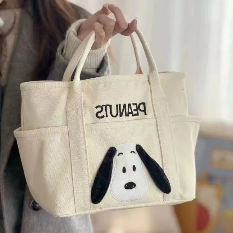 Cartoon Embroidery Snoopy Canvas Tote Bag Large Capacity Shoulder Handbag Simple Stylish Office Bento Bag Women\'s Aesthetic Bags