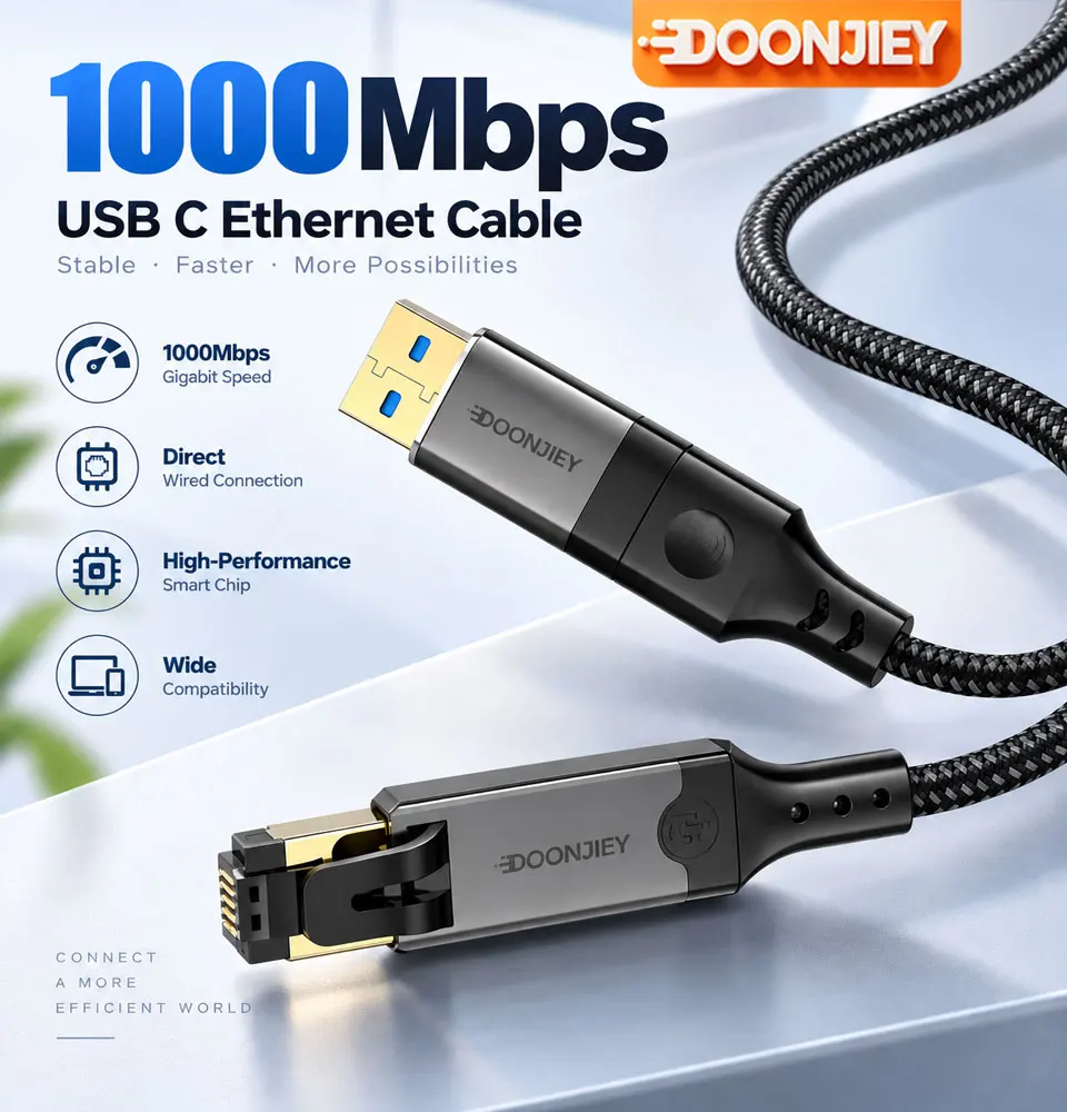DOONJIEY USB C to Ethernet Adapter, 1000Mbps Gigabit RJ45 LAN Network Adapter, Type C OTG Converter for Laptop PC Phone