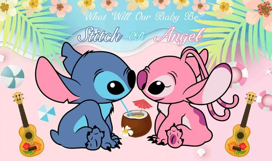 Stitch and Angel Gender Reveal Backdrop for Baby Shower Summer Tropical Hawaiian Beach Party Decorations Supplies Banner