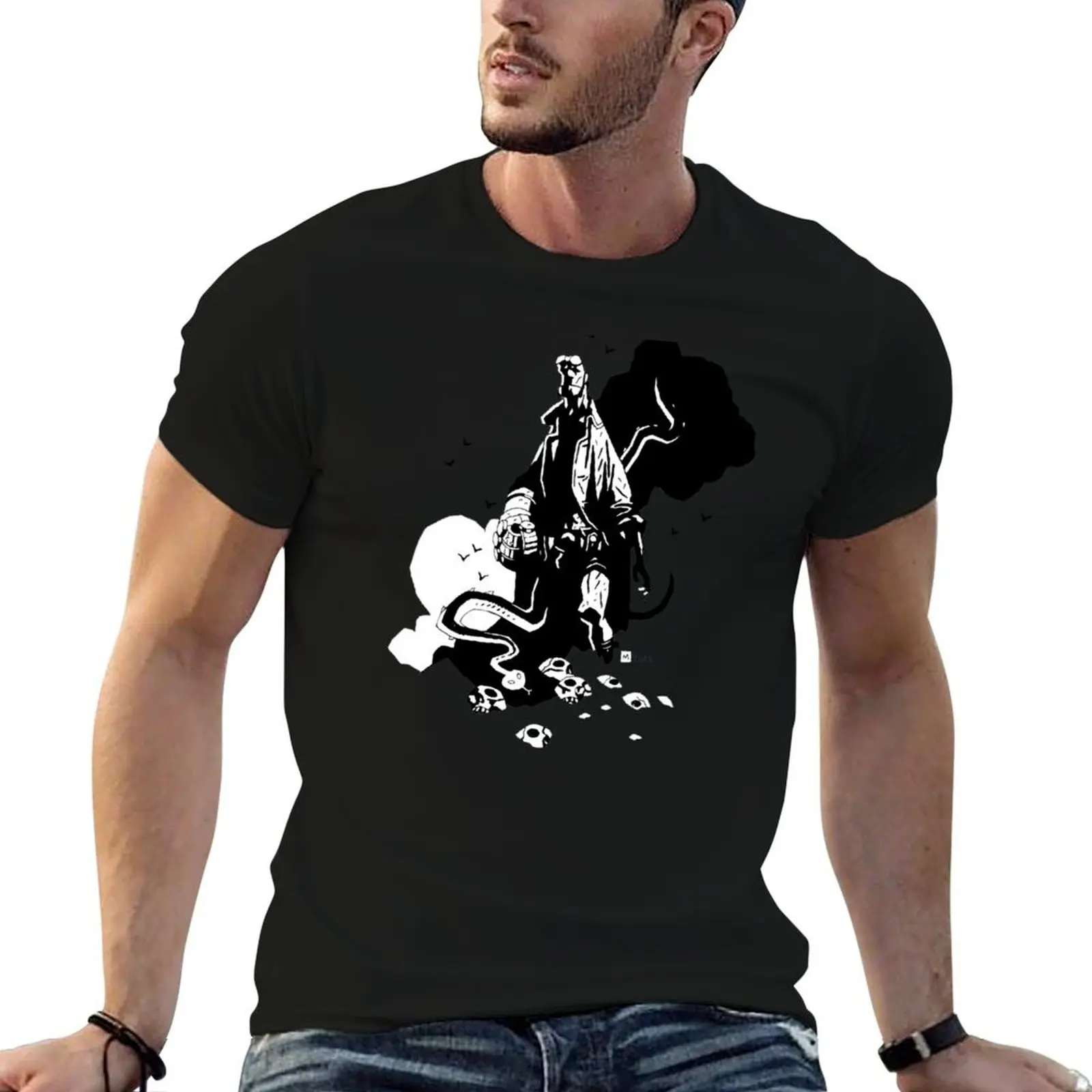Black and White Hellboy by Mike Mignola T-Shirt Plus Size Simple Casual Top