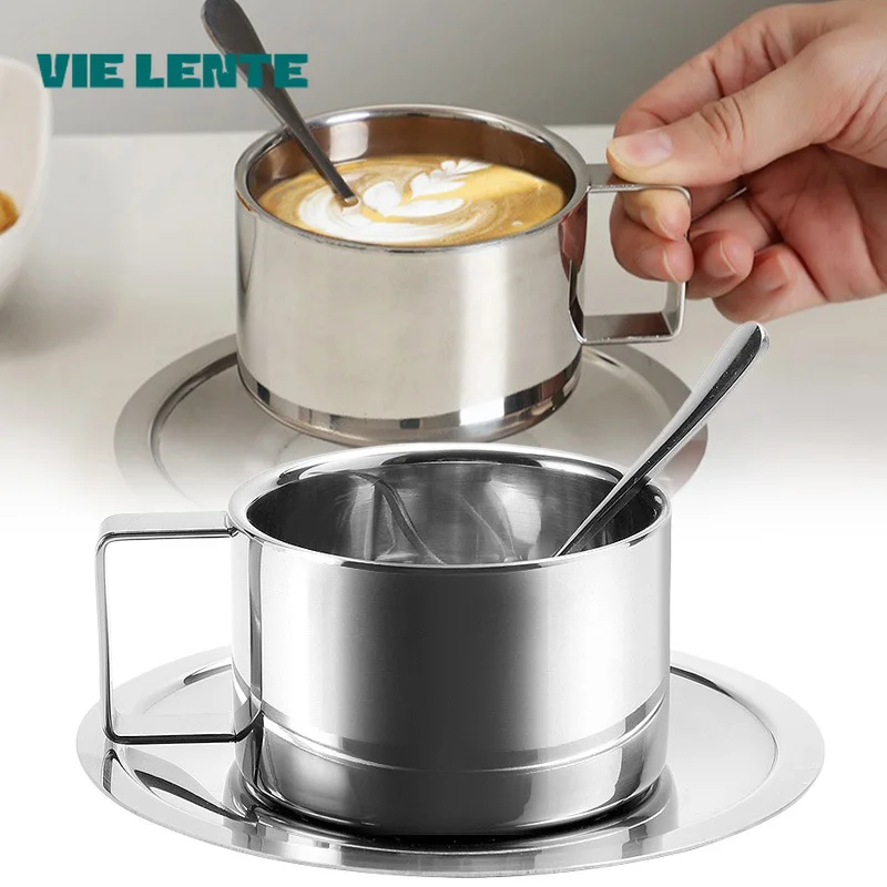 Juego de taza y platillo de café de nicho de estilo coreano, taza de café Retro de acero inoxidable, taza de té de la tarde Vlog pequeña y exquisita