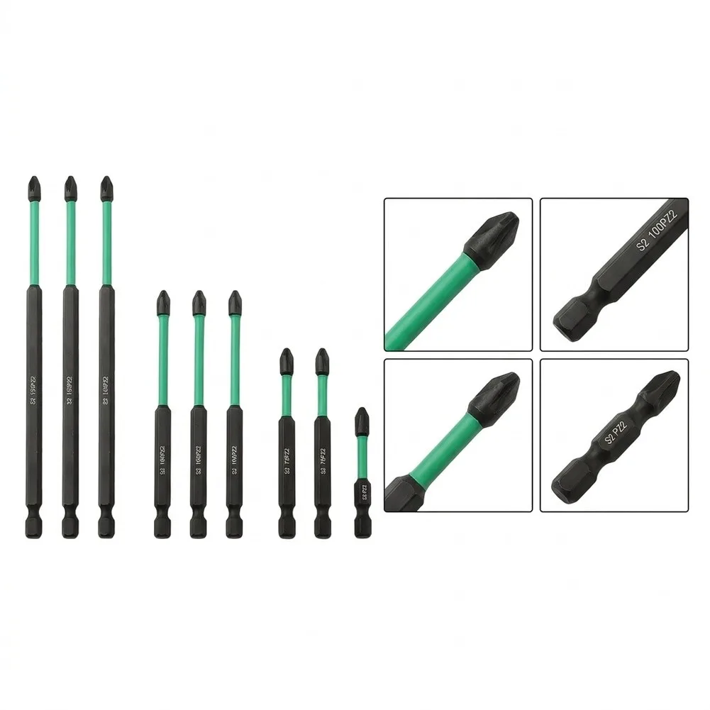 10Pcs For Pz2 For Pozidriv Screwdriver Bits Set Long Alloy Steel Hex Shank For Furniture Home Auto Repair Hand Tools Black Green