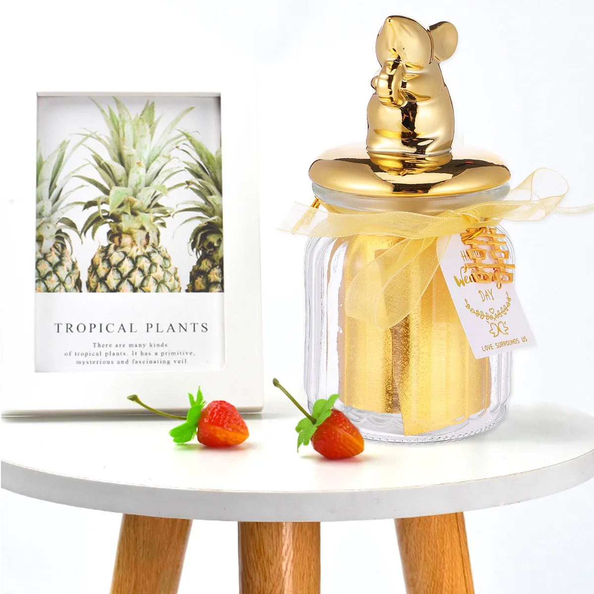 1Pcs Golden Edge Glass Candy Jar Transparent Sealed Storage Bottle for Sweets Snacks Desserts Home Kitchen Decor Gift Box