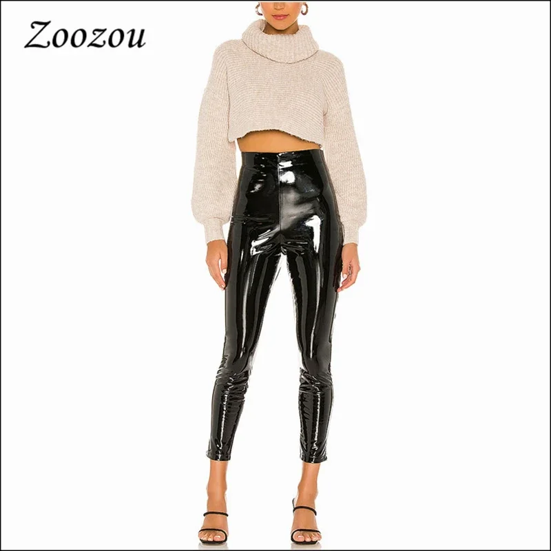 

Women's High Waist Slim PU Patent Leather Pants Sexy Skinny Black Latex Leggings Casual Bodycon Cropped Pants Custom