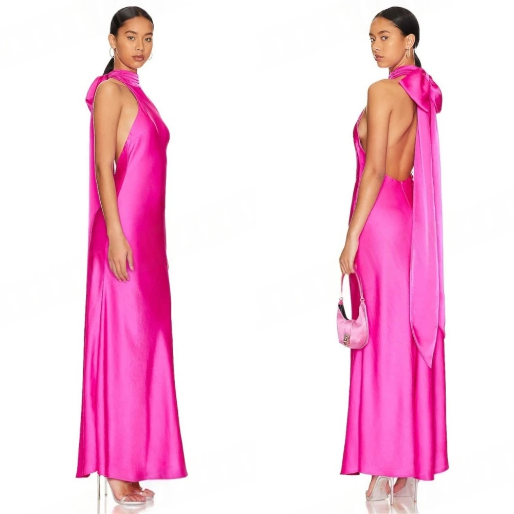 

Customized Elegant Graceful pink Satin Evening Dress Delicate Crew Neck Sleeveless Cocktail Dress Sexy Backless Party Dress