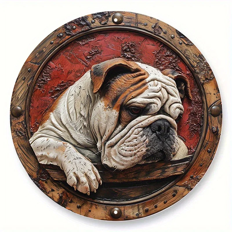 Aluminum Metal Sign Faux Stained Glass Circular Wreath Office Mother's Gifts English Bulldog Themed Decoration