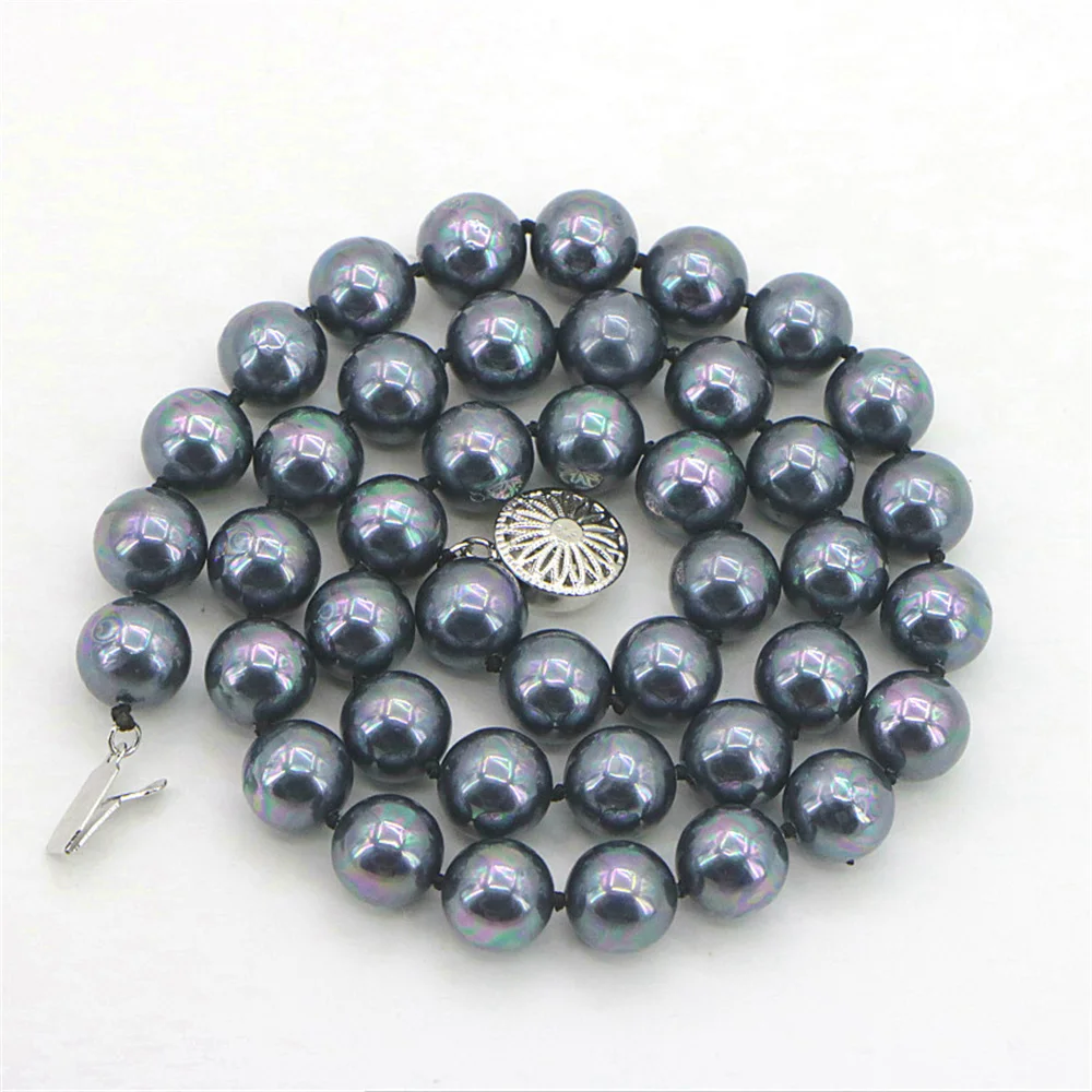 New Discount Charm 10mm Black Shell Pearl Necklace Round Beads Women Girl Gift Jewelry Wedding Christmas Banquet AAA 18inch