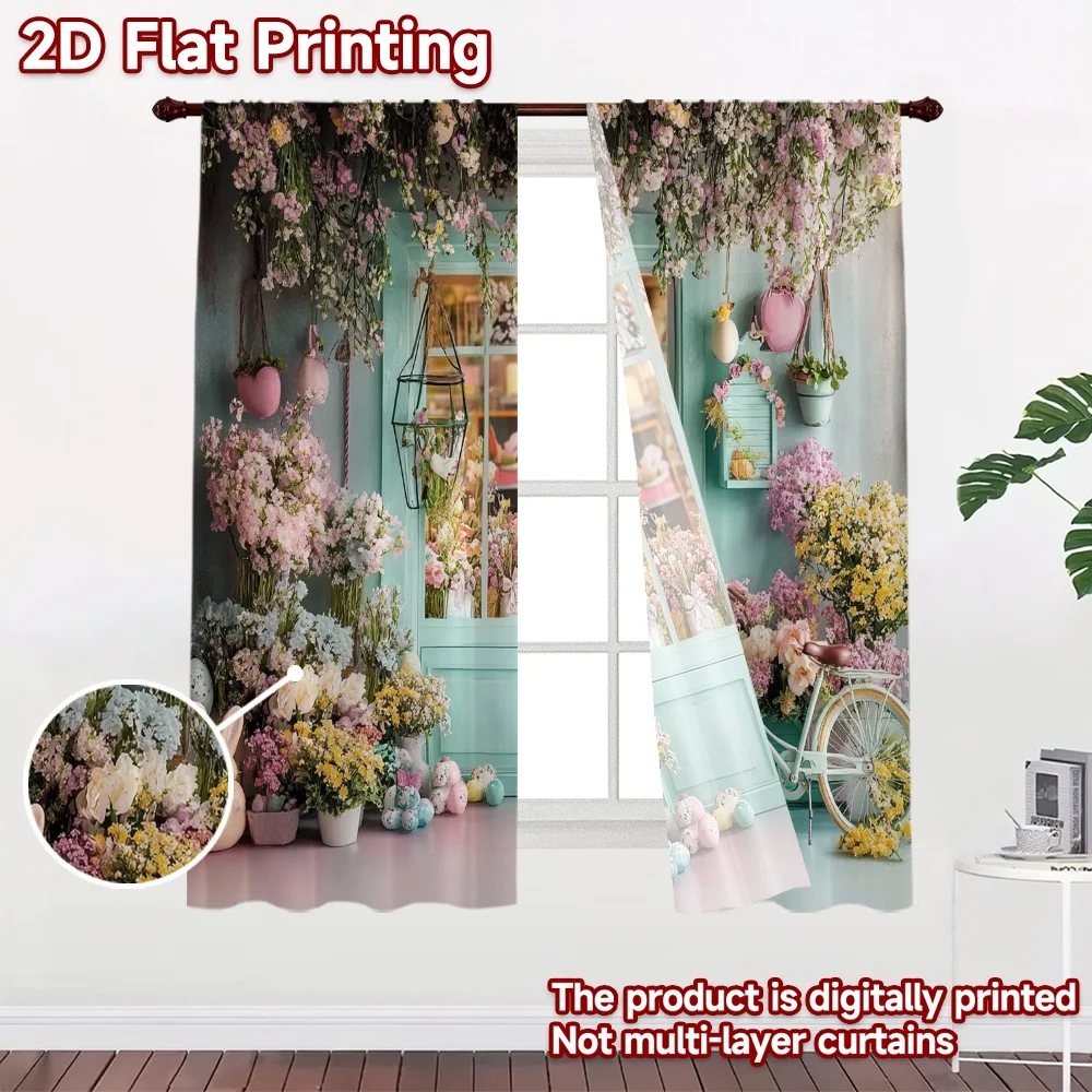 2D flat 2pcs Curtain Modern Minimalist Style Easter Flower Shop Bicycle Durable polyester fiber Festive Wall Decor Perfect for