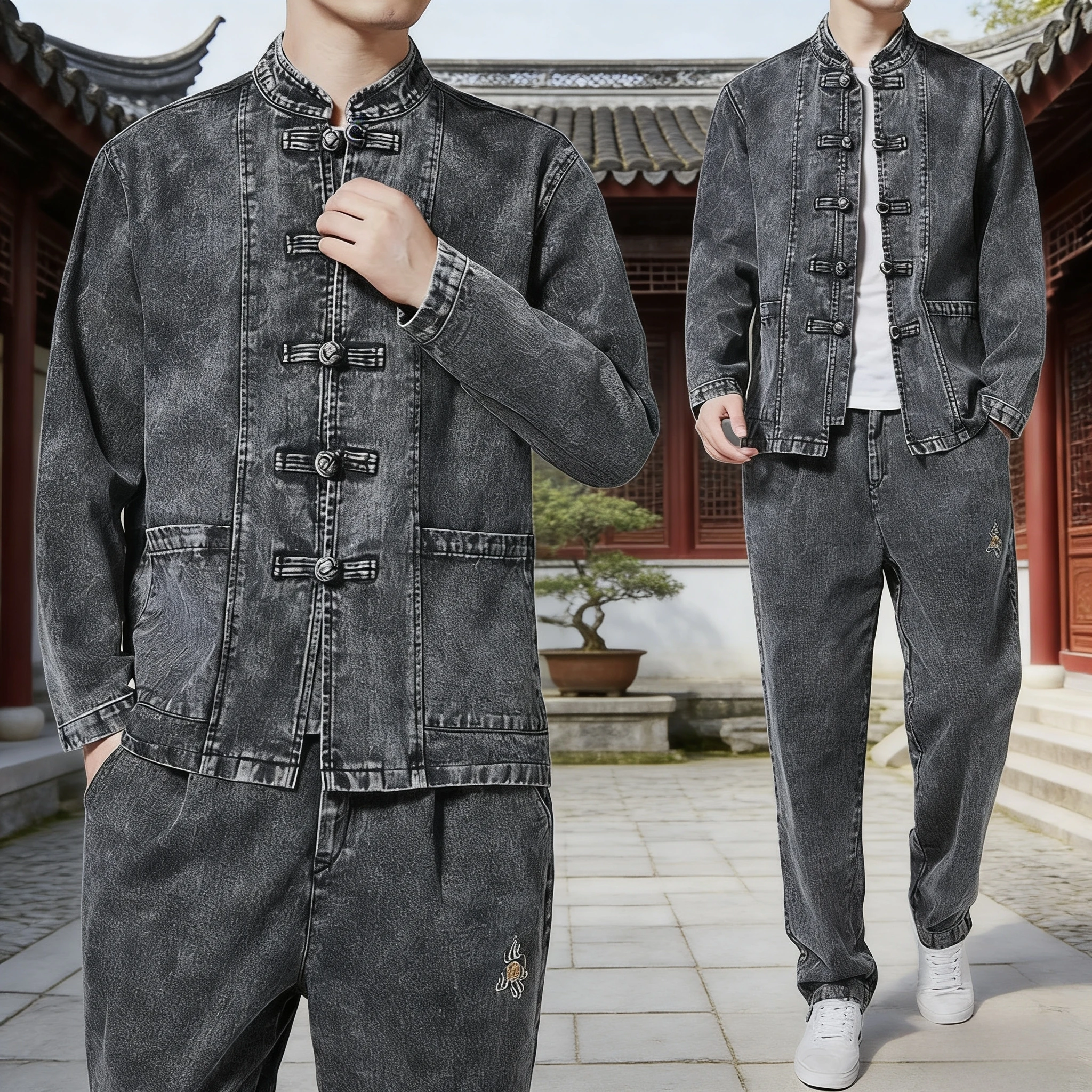 Autumn New Fashion Loose Chinese Style Denim Breathable Pure Color Button Shirt Jacket Casual Outerwear Youth Long Sleeve