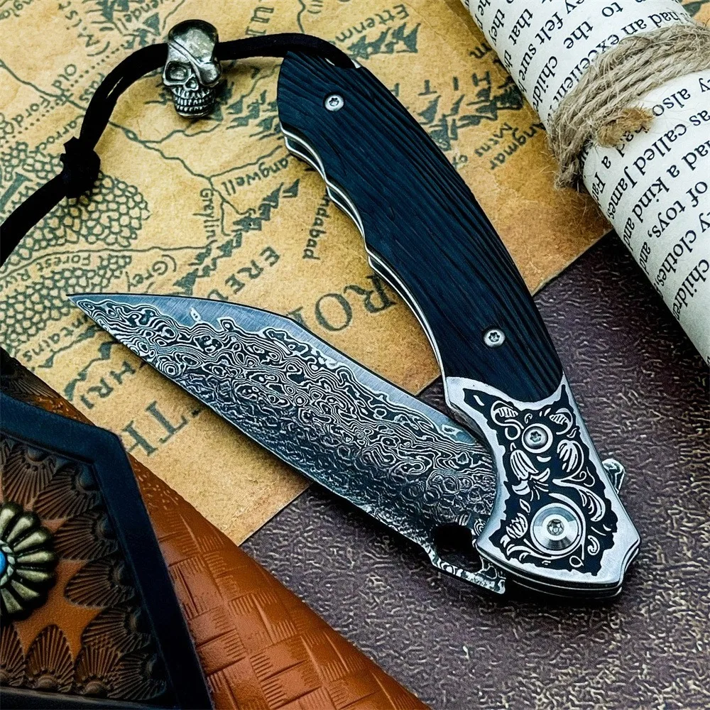 عالية الجودة التكتيكية سكين للفرد دمشق شفرة فولاذية خشب الأبنوس مقبض في الهواء الطلق التخييم الصيد الغابة الصيد أداة القطع