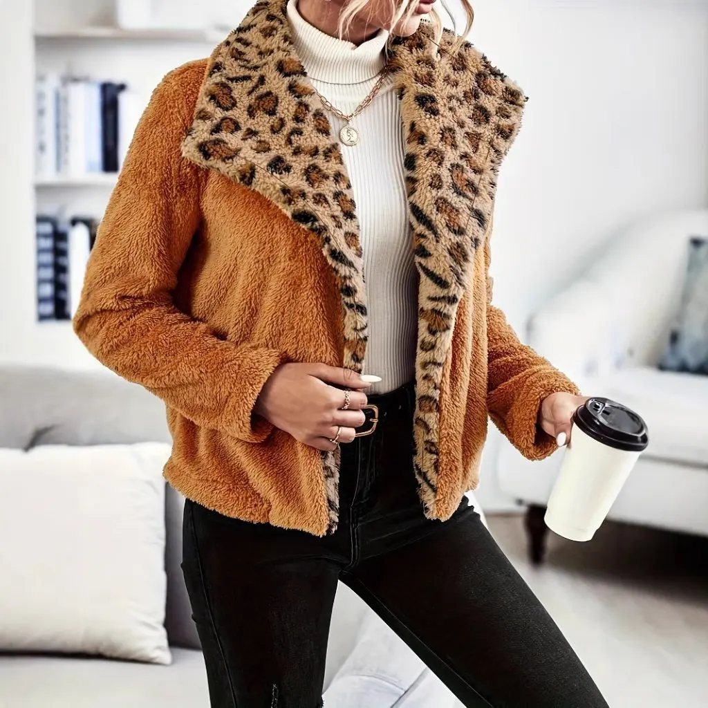 

Women's Autumn Winter Plush Long Sleeve Leopard Print Coat Fashion European Style Jacket for Ladies