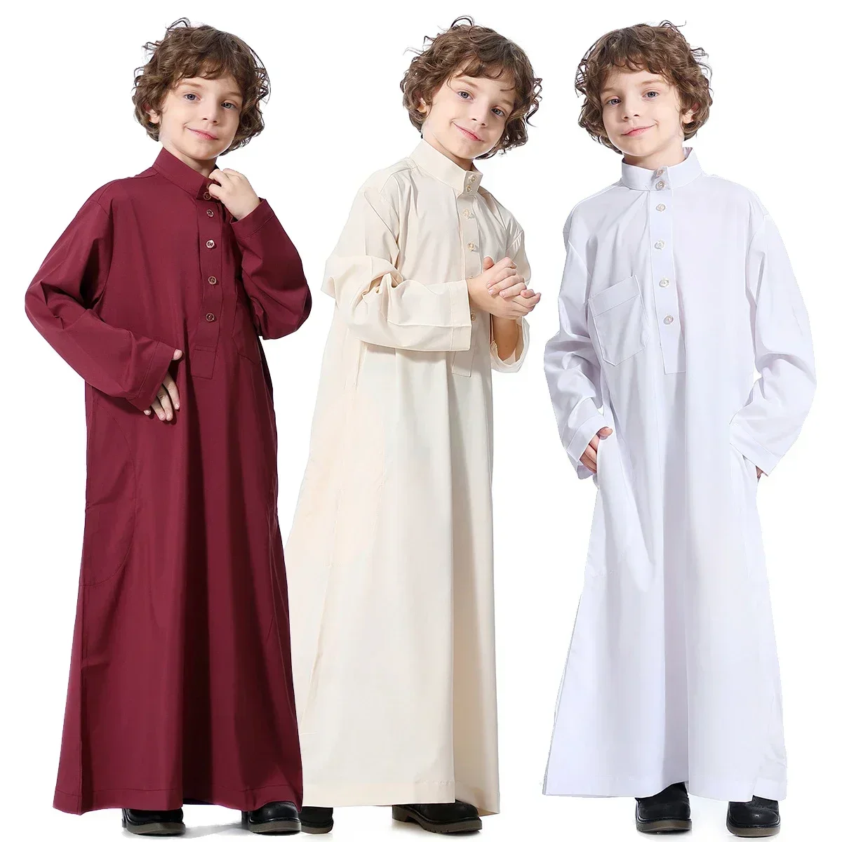 Solido Colletto alla coreana Ragazzi Bambini Islamico Musulmano Juba Caftano Abito Arabo Dubai Qatar Bambini Abito lungo Singel-Breasted Abaya Robe