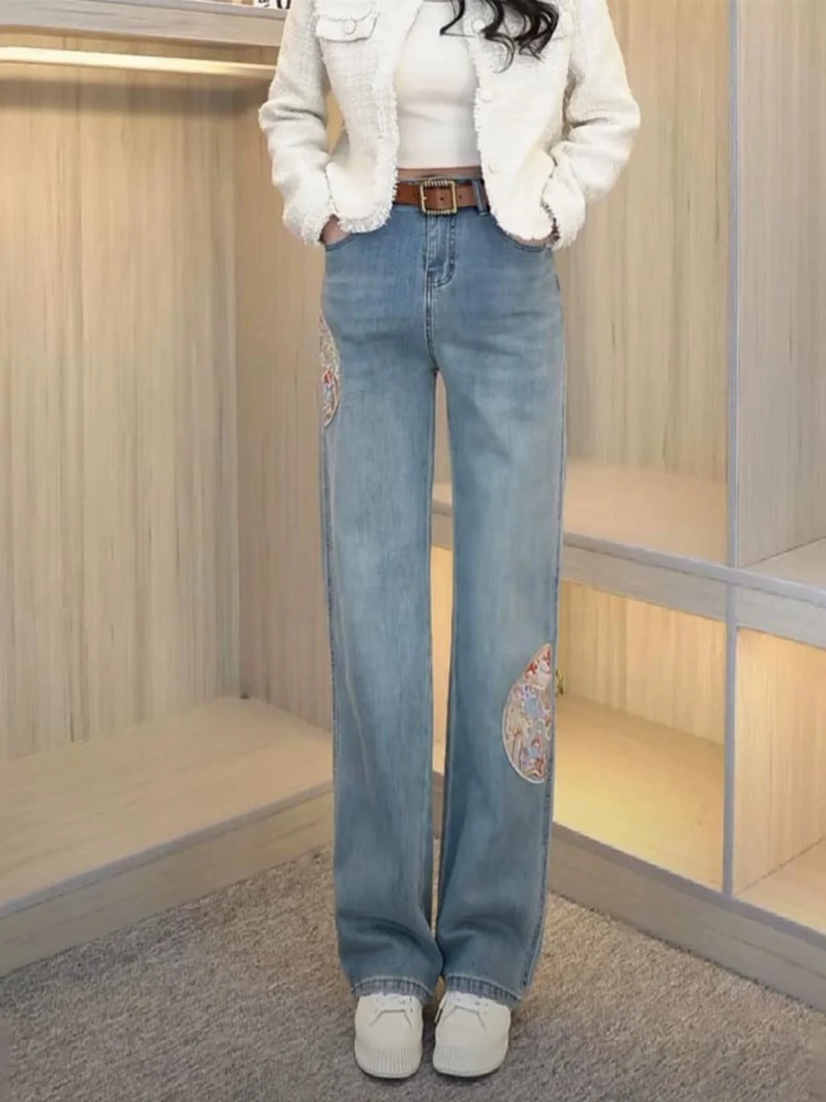 

New National Style Embroidered High Waist Slim Straight Wide Leg Jeans Women's Versatile Slimming Spring Summer 2024
